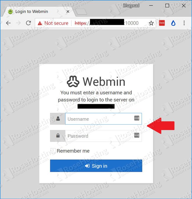 Log in to Webmin