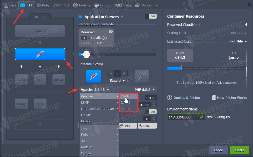 installing apache and php on rosehosting cloud paas